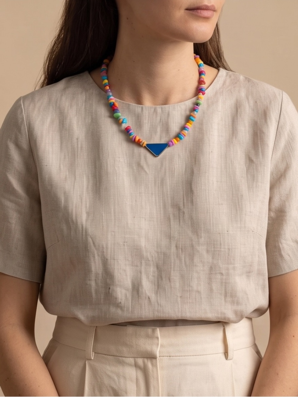 Multicolor Beaded Necklace with Blue Triangle Pendant upcycled